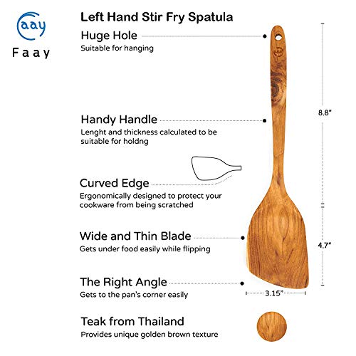 FAAY 13.5” Left-Hand Stir Fry Spatula – True Left-Hand Angled Teak Wooden Turner for Wok & Nonstick Pans, Natural Coconut Oil Finish, Handcrafted Wood Tool for Stirring & Flipping - size: 13.5 Inch Stir Fry - LEFT
