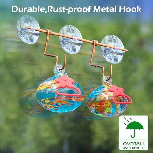 Pozfun Set of 2 Hummingbird Feeders for Outdoors Hanging,Hand-Blown Glass Hummingbird Feeder with Silicone Feeding Perch,Never Leak,Gardening Gifts for Woman Man - color: Blue
