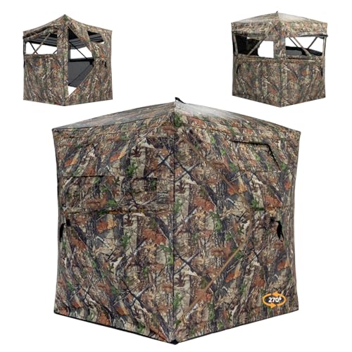 360 Degree See Through Hunting Blind, Pop Up Ground Blind | 2-3 Person & 3-4 Person Hunting Blind for Hunting Deer and Turkey, with Diamond-Shaped Door, Mud Flap and Portable Carry Bag - style: 1-2 Person 270°