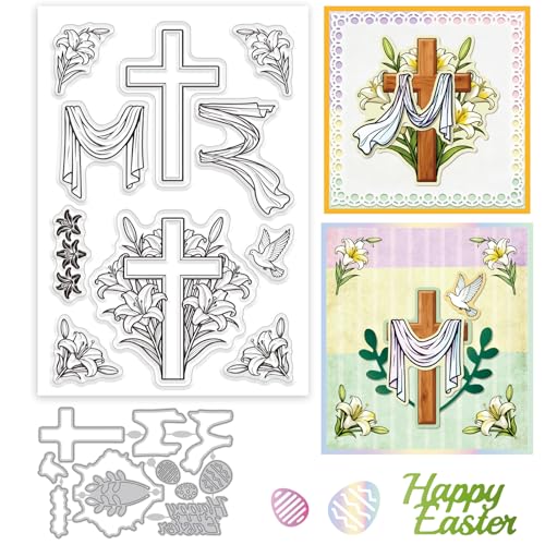 GLOBLELAND Easter Cross Clear Stamps and Metal Die Cuts Spring Flower Transparent Stamp Lily Lace Trim Cutting Dies for Card Making Embossing Scrapbooking - style: Easter Lily Cross