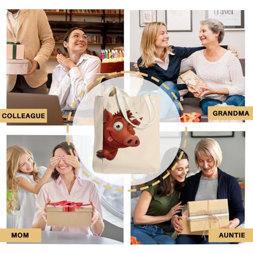 Cartoon Canvas Tote Bag, Gifts for Women Men Birthday Christmas Reusable Tote Shoulder Bag for Grocery Shopping 01 - color: Pig 475