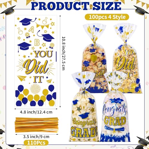 QOIUSO 100 PCS Graduation Cellophane Treat Bags - Congrats Graduates Candy Plastic Clear Goodies Wrapping Bags with 110 PCS Twist Ties for Graduation Day Grad Party Supplies - color: Graduation-100pcs