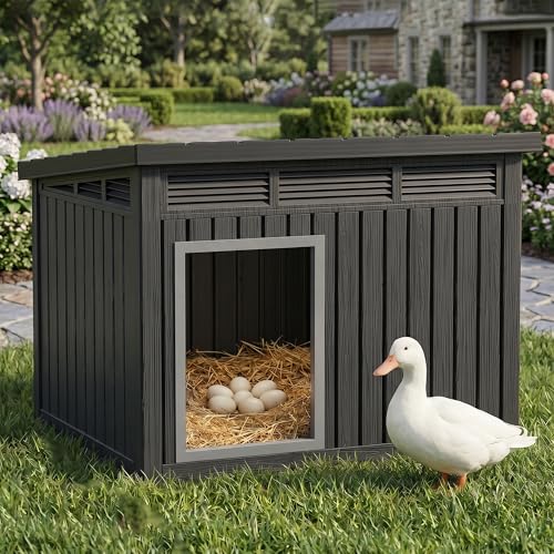 VIXZEN Outdoor Duck/Chicken House, Black | Resin PP Material, Wood Grain Finish Sloped Roof, Gas Strut Top Opening Ventilated, Spacious Interior & Easy Assembly - color: Black, size: 32.2"L x 25.1"W x 24.1"H