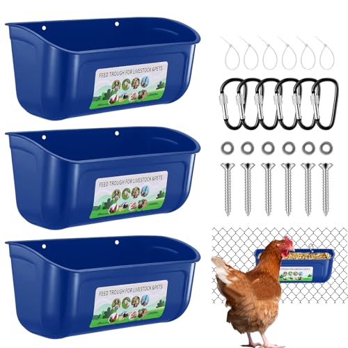 Chicken Feeder Waterer, 3 Pack Duck Feeder Supplies, Hanging Fence Feed Trough with Clips for Goat, Sheeple, Piglet, Gooses, Turkeys, Dog Livestock Poultry, Blue - color: 3 pack Blue