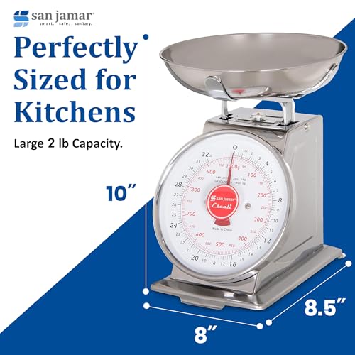 San Jamar Escali Promzr Mechanical Dial Scale with Bowl for Kitchens and Restaurants, Metal, 2 Pounds, Silver
