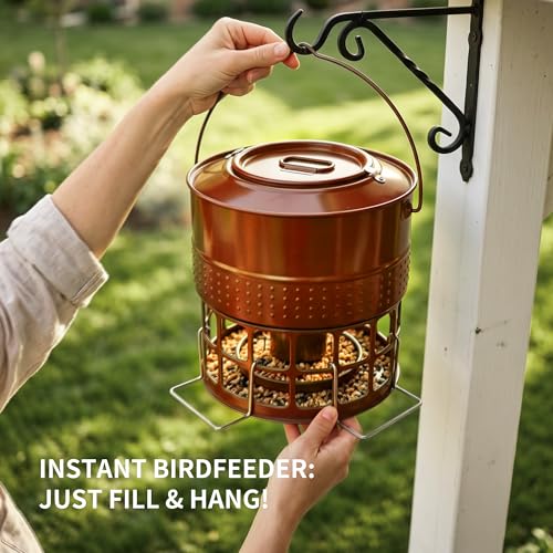 Solution4Patio 8-10LB Bird Feeder, Metal Wild Birdfeeder with 32 Access Holes & 2 Perches, Locking Top Helps Reduce Squirrel Stealing, Rust-Proof Hanging Design for Cardinals & Finches - color: Glazed Red
