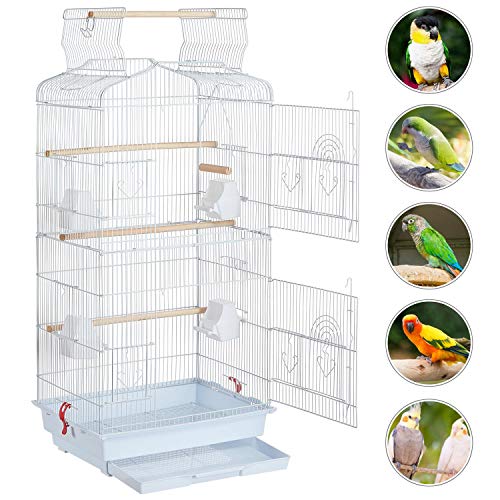 Yaheetech 41'' Open Top Medium Size Quaker Parrot Bird Cage Cockatiel Indian Ring Neck Sun Parakeet Green Cheek Conures Lovebird Budgie Canary Finch Parrotlet Bird Cage, White - color: White