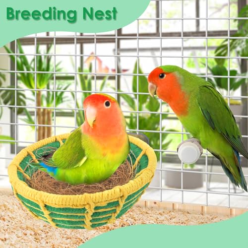 KATUMO Bird Nest, 5.3in Conure Breeding Nest Parrot Bed with Natural Coconut Fiber Bedding for Budgie, Parakeet, Cockatiel, Conure, Lovebird, Canary, Finch, Small Birds - color: Green+Yellow