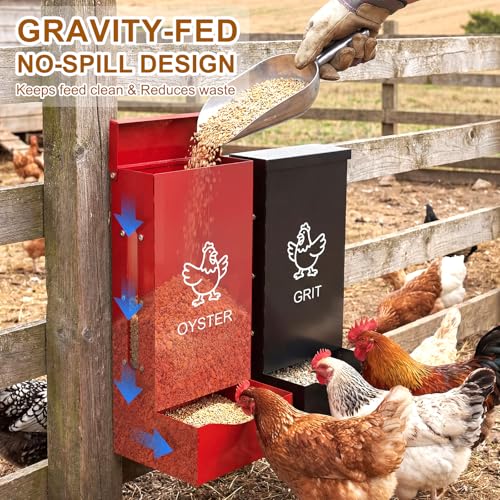 2 Pack Chicken Grit Oyster Shell Feeder, Metal Gravity Feeder with Lid | Wall Hanging Chicks Food Dispenser Chicken Coop Accessories for Hens Ducks Pigeons, Red+Black - color: Red + Black