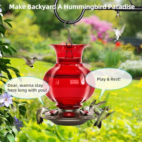 Auslar Glass Hummingbird Feeders for Outdoors Hanging, Red, 23 Oz | Hummingbird Feeder with Ant Moat & 5 Anti-Bee Feeding Ports, Ant and Bee Proof, Leakproof, Easy Clean and Fill, Garden Decor