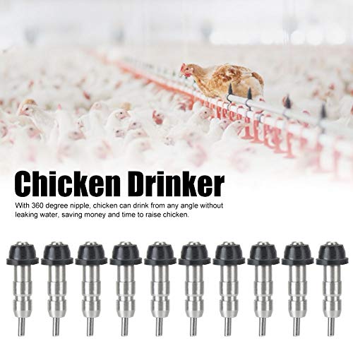 Fdit Poultry Chicken Drinker, Stainless Steel and Rubber, 360 Degree Water Nipples, 10 Pack, 3cm Length