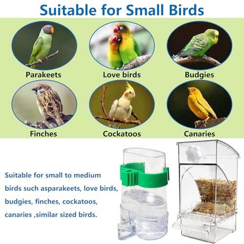 Hamiledyi No Mess Bird Feeders Water Dispenser Set Automatic Parakeet Cage Feeder with Perch Transparent Acrylic Container Parrot Cage Accessories for Canary Budgie Lovebirds Finches - color: Feeder + Drinking Bottle