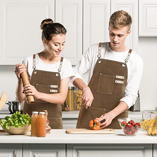 Hongsome Cotton Canvas Cross Back Apron for Art Painting Garden Chef Bartender Work,Women Men 3 Pockets Waterproof M-XXL - color: Brown