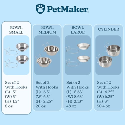 Set of 2 Stainless-Steel Dog Bowls - Cage, Kennel, and Crate Hanging Pet Bowls for Food and Water - 8oz Each and Dishwasher Safe by PETMAKER, Silver | Cage, Kennel, and Crate Hanging Pet Bowls for Food and Water, Dishwasher Safe Food and Water Pet Dishes