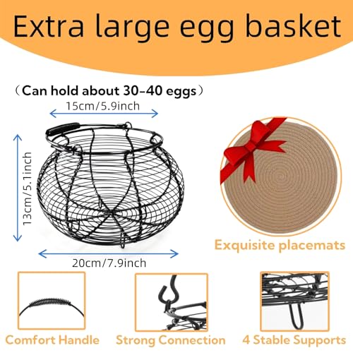 Wire Egg Basket for Gathering Fresh Eggs with Handle | Metal Egg Holder Countertop | Farm Fresh Egg Collecting Basket and Storage Holder | Suitable for Kitchen, Countertop and Farm