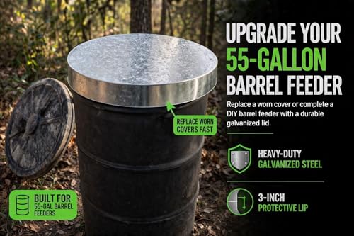 Elusive Wildlife 55 Gallon Drum Lid for Barrel feeders- Heavy Duty Galvanized Feeder Lid with 3 Inch Lip up to 9lb Weight for Deer and Turkey Feeders Perfect for Winch up Barrel feeders - size: 55 Gallon