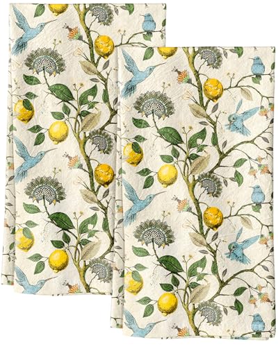 150GSM Flour Sack Kitchen Towels Set of 2, Lemon Birds | 18"x26", Lightweight, Lint-Free, Pure Cotton, Decorative, with Hanging Loop, Absorbent, Softer after Wash, Giftable Package - color: Lemon Bird