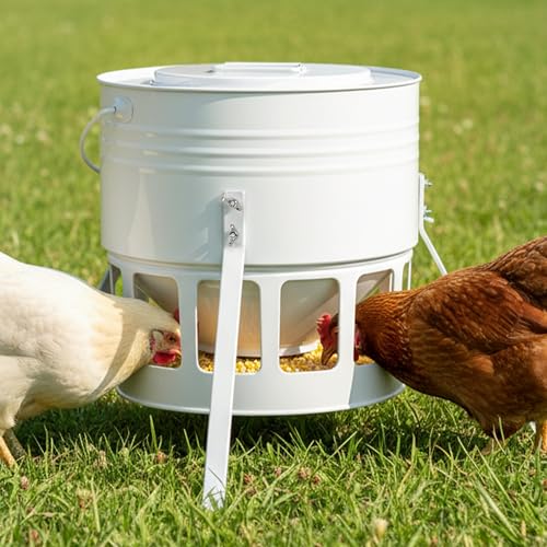 KOL Metal Chicken Feeder - 20lbs No Waste Chicken Feeder with 12 Ports, Powder Coated Rust-Proof Design & Smooth Edges for Safe Feeding (Jade White) - color: Jade White
