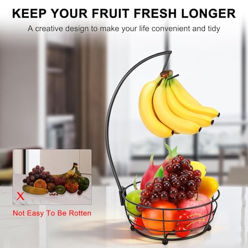 Livabber Countertop Fruit Basket Bowl with Banana Hanger, Modern Standing Fruit Vegetable Bowl Storage, with Banana Tree Holder for Kitchen Dinning Table (Round Metal, Black) - color: Black, style: Round Metal