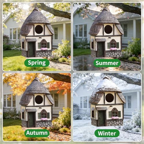 Bird Houses for Outside Cottage Birdhouse with Thatch Roof – Hand-Painted Resin Birdhouses for Outdoors for Bluebird Finches Cardinals Bird Nesting Garden, Patio, Yard - color: White