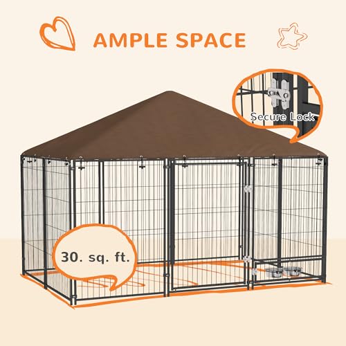 PawHut Outside Dog Kennel Puppy Play Pen w/Canopy 6.9' x 4.6' x 5' Black | Secure Lock, Heavy Duty Welded Wire Steel, Rotating Bowl, Outdoor Fence Crate Enclosure Cage for Dogs Chickens Ducks - size: 6.9' x 4.6' x 5'