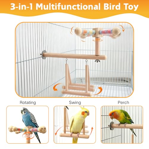 3-in-1 Bird Toys Perch Swing Rotating, Parakeet Cage Accessories | Bird Playground, Hanging Cockatiel Toys, Easy to Install & Clean, for Budgie, Conure, Lovebird, Canary, Finch - color: swing+perch+rotating