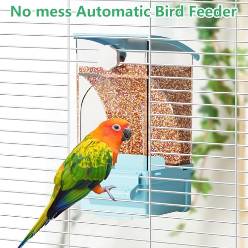 Hamiledyi Automatic Bird Feeder No Mess Bird Cage Feeder Transparent Acrylic Parrot Seed Food Container with Perch Cage Accessories for Parakeet Finch Lovebirds Budgies Canary (Blue) - color: Blue Transparent