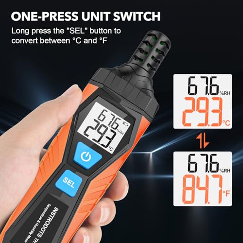 Temperature Humidity Meter, High Precision Thermometer Hygrometer with Ambient, Dew Point, Wet Bulb Thermometer, Dual Display Temperature & Humidity with LCD Backlight, TH10 - color: Orange, size: TH10