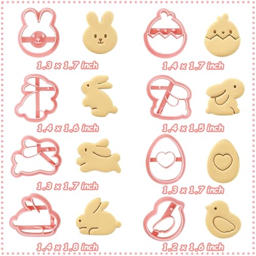 8pcs Mini Easter Cookie Cutters, Bunny, Egg & Chick Shapes | One-Touch Raised Design Easter Cookie Stamps for DIY Baking, Decorating, and Party Fun