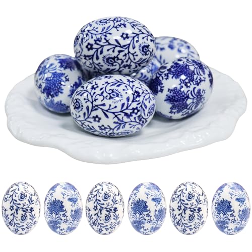 6pc Ceramic Easter Egg Ornaments, Chinoiserie Easter Decor Elegant Touch to Home/Office Spaces,Ideal Gift for Christmas, Halloween, Mother's Day, Easter or Housewarming(B) - size: B