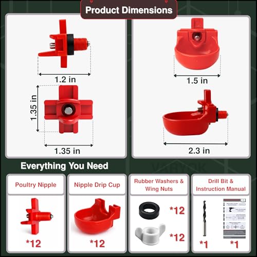 Heavy Duty 12-Pack with Cups Chicken Water Nipples Automatic Chicken Waterer Nipple Horizontal Leak Proof Stable for Poultry Coop Quail Chicks Turkeys Peacocks and Fits 5-Gallon Bucket, PVC Pipes