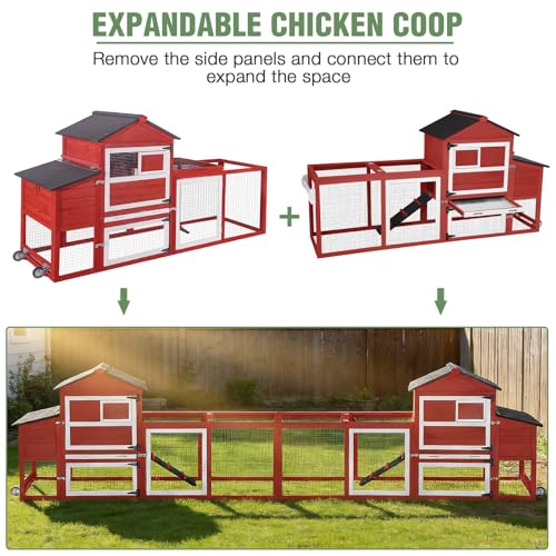 Mobile Chicken Coop with Wheels for 4-6 Chickens, Large Outdoor Hen House with Run, Weatherproof Asphalt Roof, Sectionable Nesting Box & Pull-Out Tray, 82.4" L x 25.8" W x 44.1" H - Red - size: 82.4"L x 25.8"W x 44.1"H