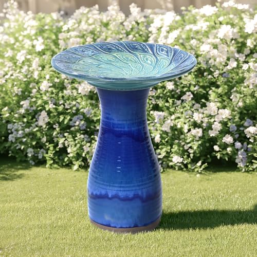 LuxenHome 20" Ceramic Bird Bath for Outside, Glazed Blue Outdoor Bird Bath | For Outdoor Use; Features a Glazed Cobalt Blue Finish, Leaf Pattern Basin, Lightweight Ceramic Design, and Tall Pedestal Base - color: Navy Blue