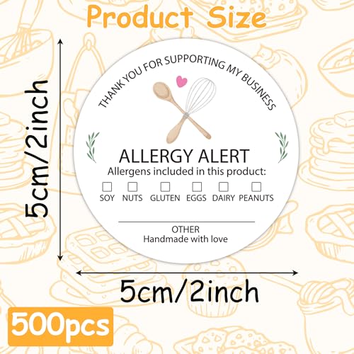 Food Allergy Alert Stickers - 500 Count Allergen Warning Label Writable Ingredient Adhesive Round Decal Roll, Food Alert Safety for Restaurant Home Kitchen Bakery Cake Shop (2 x 2 Inch, White) - color: Food Allergy White