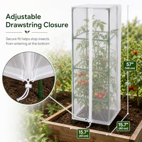 Halatool Garden Tomato Plant Cover Netting, Fits 50–63" Square Tomato Cages | Garden Bird Netting with Zipper & Drawstring, Insect Barrier, Plant Covers from Insects Animals, 2 Pack, 57"×15.7" - color: 2 Pack, size: 57 inch