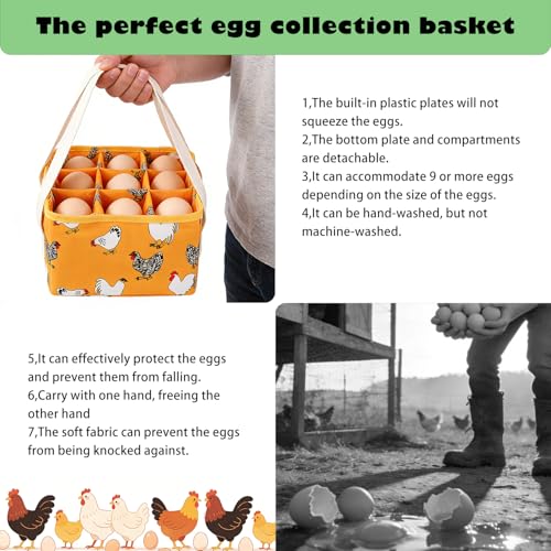 Eggs Collecting Basket, Durable Canvas Egg Basket with Plastic Board, 9-Pouch Chicken Egg Holder Bag for Gathering Fresh Eggs, Egg Gathering Basket and Multipurpose Chicken Holder Bag (Yellow)