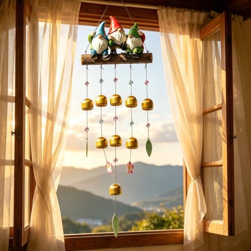 Gnome Wind Chime for Outside, Resin Wind Bells for Garden Decor | 29" Wind Chimes Outdoor with 3 Resin Gnome Statues and 8 Metal Bells, Soothing Tone Wind Bell Chimes, Housewarming Gifts - size: Gnomes