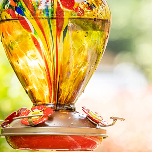 Hummingbird Feeder, 34OZ Hand Blown Glass Hummingbird Feeders for Outdoors Hanging, 4 Feeding Perch with Ant Moat Leakproof, Garden Yard Decor Gifts for Women Mom (Golden Balloon) | Decorative Self Hanging Nectar Bird Feeder for Hummingbirds, Garden Patio
