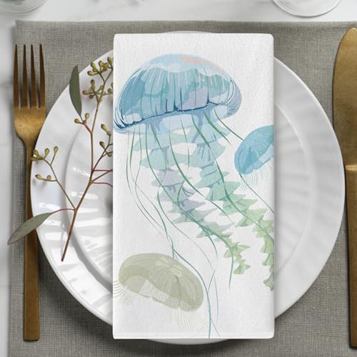 Coastal Jellyfish Kitchen Dish Towels Set of 2 | Blue Beach Ocean Marine Life Drying Hand Towel Baking Cooking Cloth, Nautical Sea Creature Deck Bathroom Home Decoration - color: Jellyfish