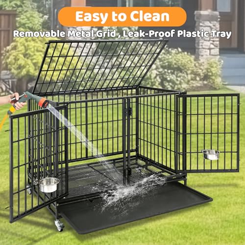 Homey Pet Taller 43 Inch Three Tiers Dog Crate Cage Kennel with Divider | Commercial Modular Dog Kennel with Dual Front Doors, Divider, Auto Locks, Removable Tray, Bowls for Small and Medium Dogs - size: 42.5"L x 28.0"W x 88.0"H