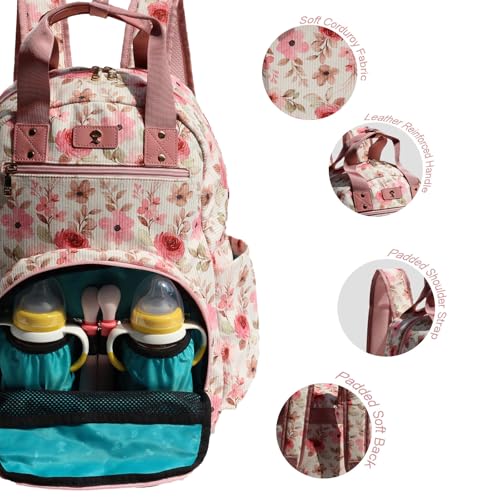 Diaper Bag Backpack Corduroy Multifunction Baby Fashion Travel Pack office Laptop Bag - color: Pink White Flower