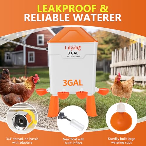 Lilyang 3 Gallon Automatic Chicken Waterer & Feeder Set, Auto Water Refill | Anti-Spill Ports & Stay-Clean Cups, Auto Watering System with Float Valve, No-Waste Poultry Feeder, No-Tools Assembly - color: Bright Orange