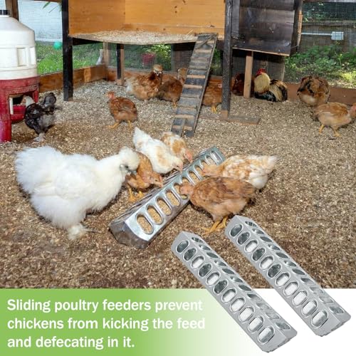 Potchen 2 Pcs Slide-top Poultry Feeder Durable Galvanized Metal Chicken Feeder Trough with Removable Top Trough Multi-Hole Tray for Pigeon Quails Duckling Birds Duck Chicken(20 Inch) - size: 20 Inch
