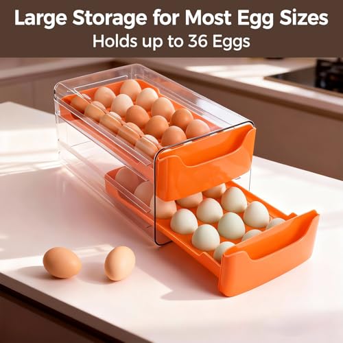 Egg-Holder for Fridge, Fits Small to Large Eggs, Orange | 36 Egg-Storage for Refrigerator Countertop, 2 Tier Dispenser with Drawer, Stackable Clear Egg Tray Container - size: 2 Tier-Orange