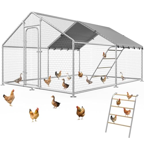 Large Metal Chicken Coop with Cover, Outdoor Walk-in Cage | Spire roof chicken run with waterproof UV-resistant cover, 118.9 × 118.9 × 77.6 in enclosure for poultry - size: 118.9"L x 118.9"W x 77.6"H