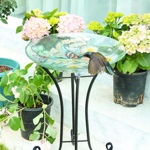 Glass Bird Bath with Metal Stand, Outdoor Garden Feeder, Hummingbird | Glass Large Bird Baths Bowl with Metal Stand for Outdoors, Hummingbird Patterns Bird Feeder for Outside Garden, Patio Decor - color: Hummingbird