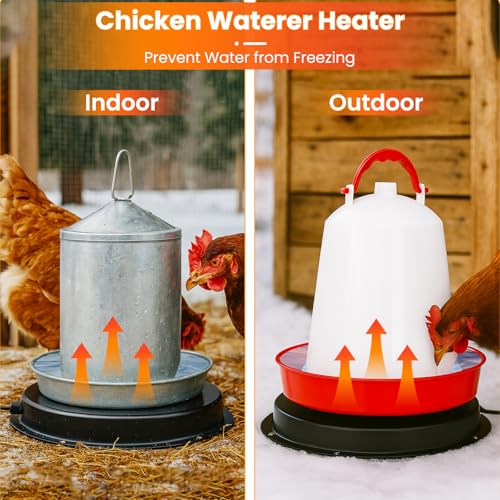 Chicken Water Heater for Winter, 11'' Heated Waterer Base for 1-5 Gallon Metal/Plastic Poultry Waterer, Built-in Thermostat (77℉ Auto Shut-Off), 110W Coop Heater with 6.6ft Power Cord