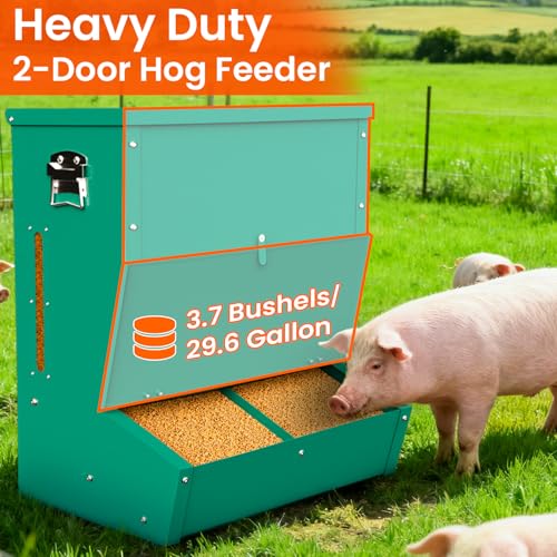 2-Door Heavy Duty Galvanized Steel Hog Feeder, 3.7 Bushel Capacity, Outdoor Pig Feeding Station with Visible Monitoring Window, Durable Livestock Feeder for Farm and Barn (Green)