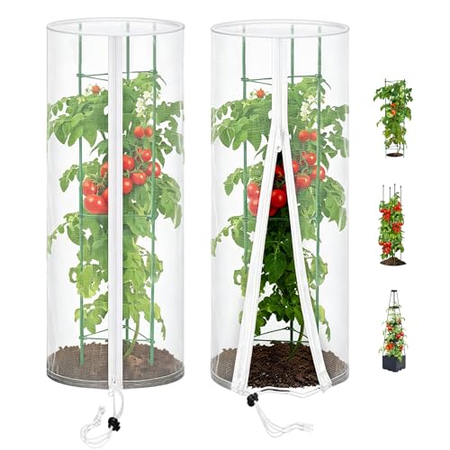 2PCS Garden Netting Plant Cover for Round Tomato Cage 59"x17" | Insect Bird Barrier, With Zipper and Drawstring, Tomato Planter Trellis Netting, For Vegetable Fruit Flower Protector