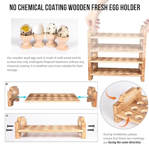 Stackable Wooden Quail Egg Holder Countertop-Expandable Storage Rack with 4 Bonus Egg Cups | Solid Wood Tray with Secure Interlocking Dowels for 48 Fresh Quail & Pigeon Eggs (Single or Multi-Tier Use)